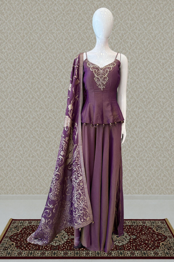 Purple Zardozi, Stone, Beads and Sequins work Palazzo Set with Peplum Top