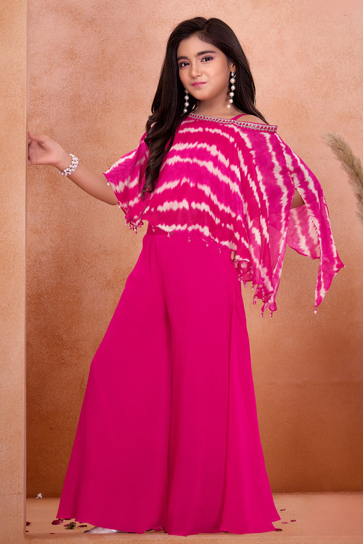 Pink Stone, Mirror and Zardozi work Poncho Styled Palazzo Set for Girls