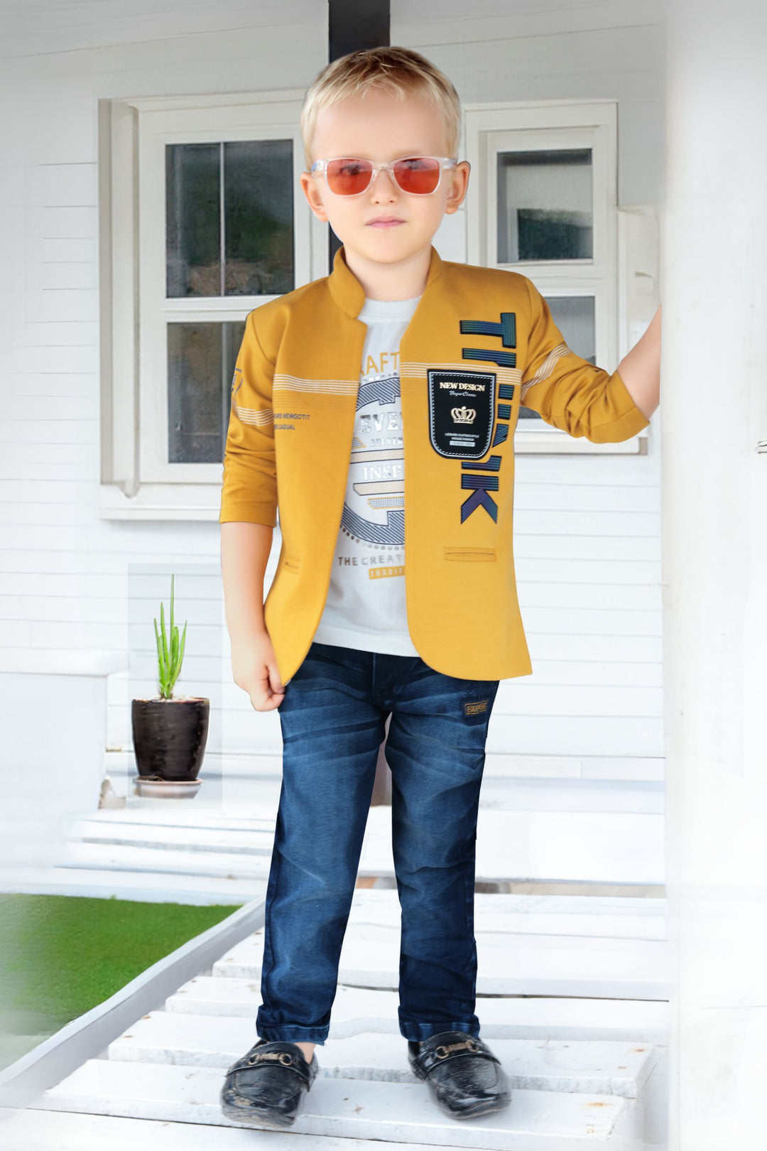 Mustard and White Printed Blazer, T-Shirt and Blue Pant Set for Boys