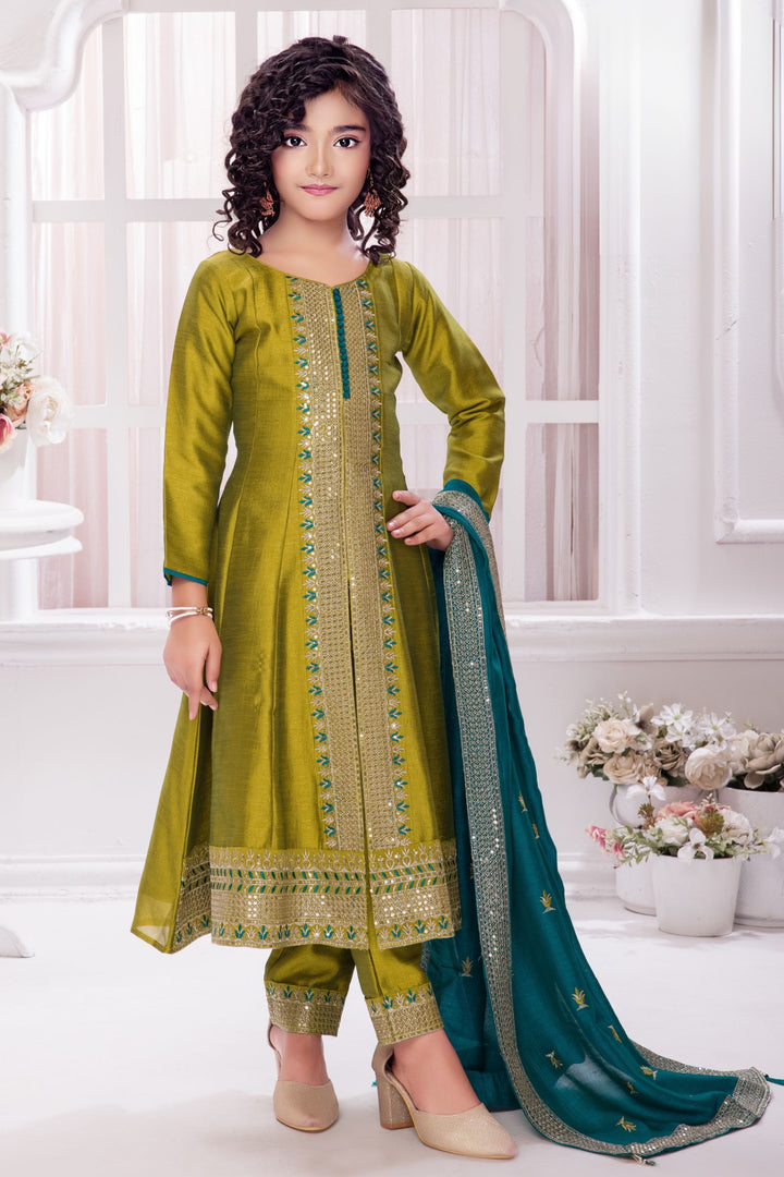 Olive Green Sequins and Zari work Salwar Suit for Girls