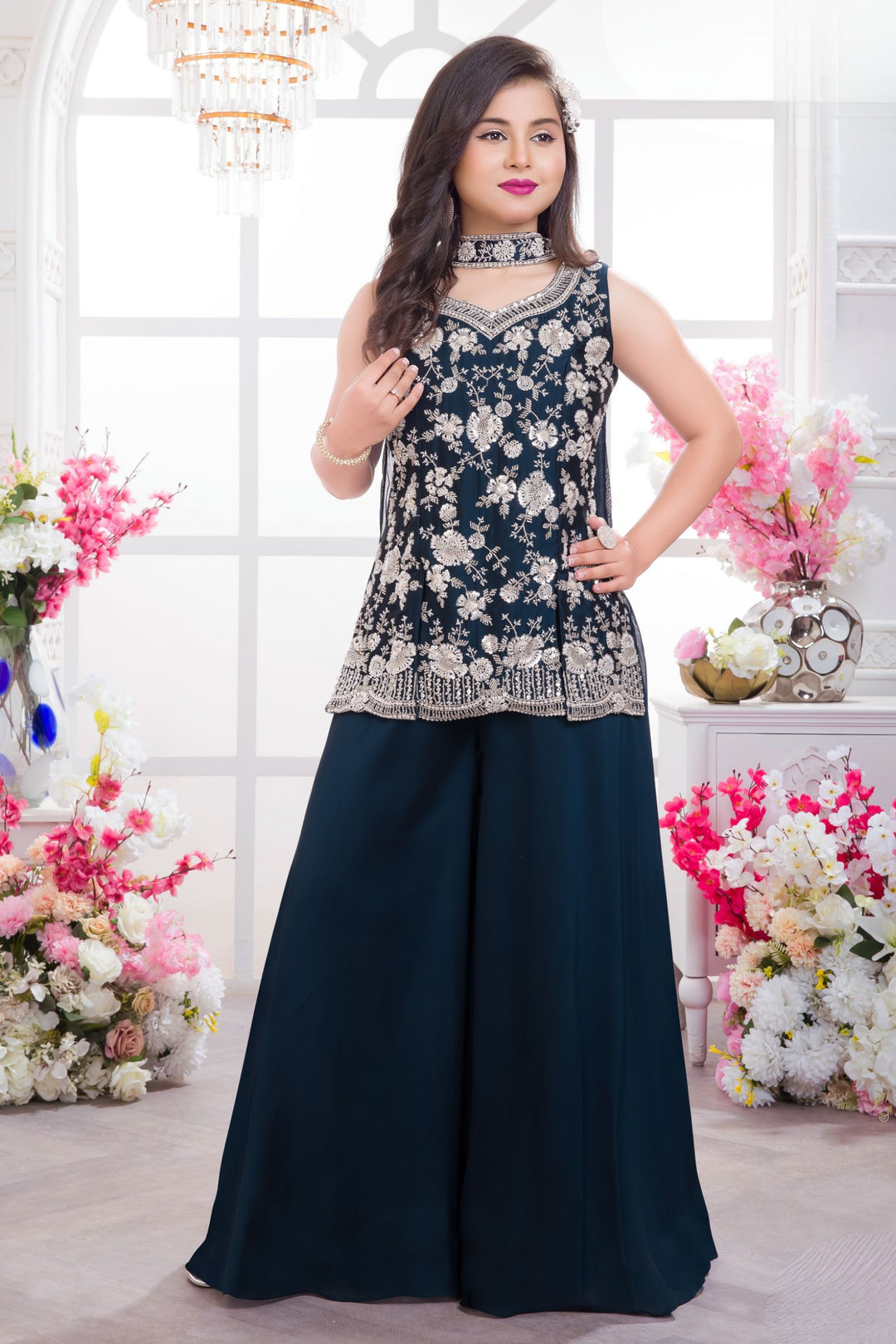 Peacock Blue Beads and Sequins work Palazzo Suit Set for Girls
