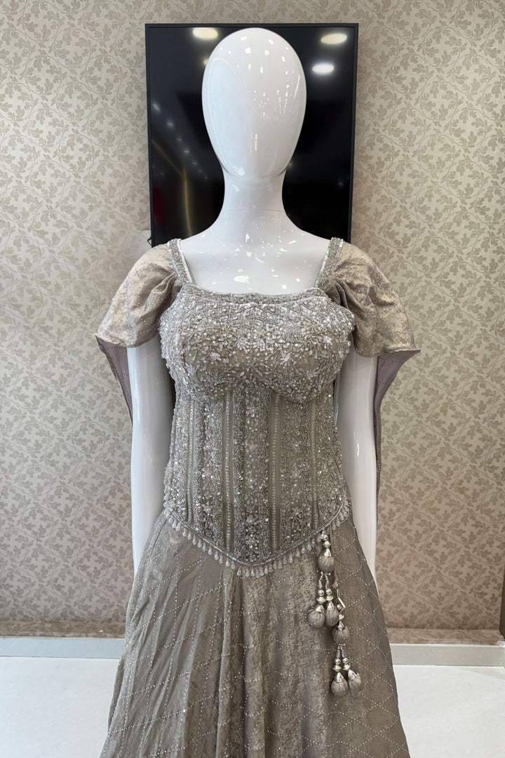 Grey Beads, Sequins and Thread work Indo-Western Styled Lehenga