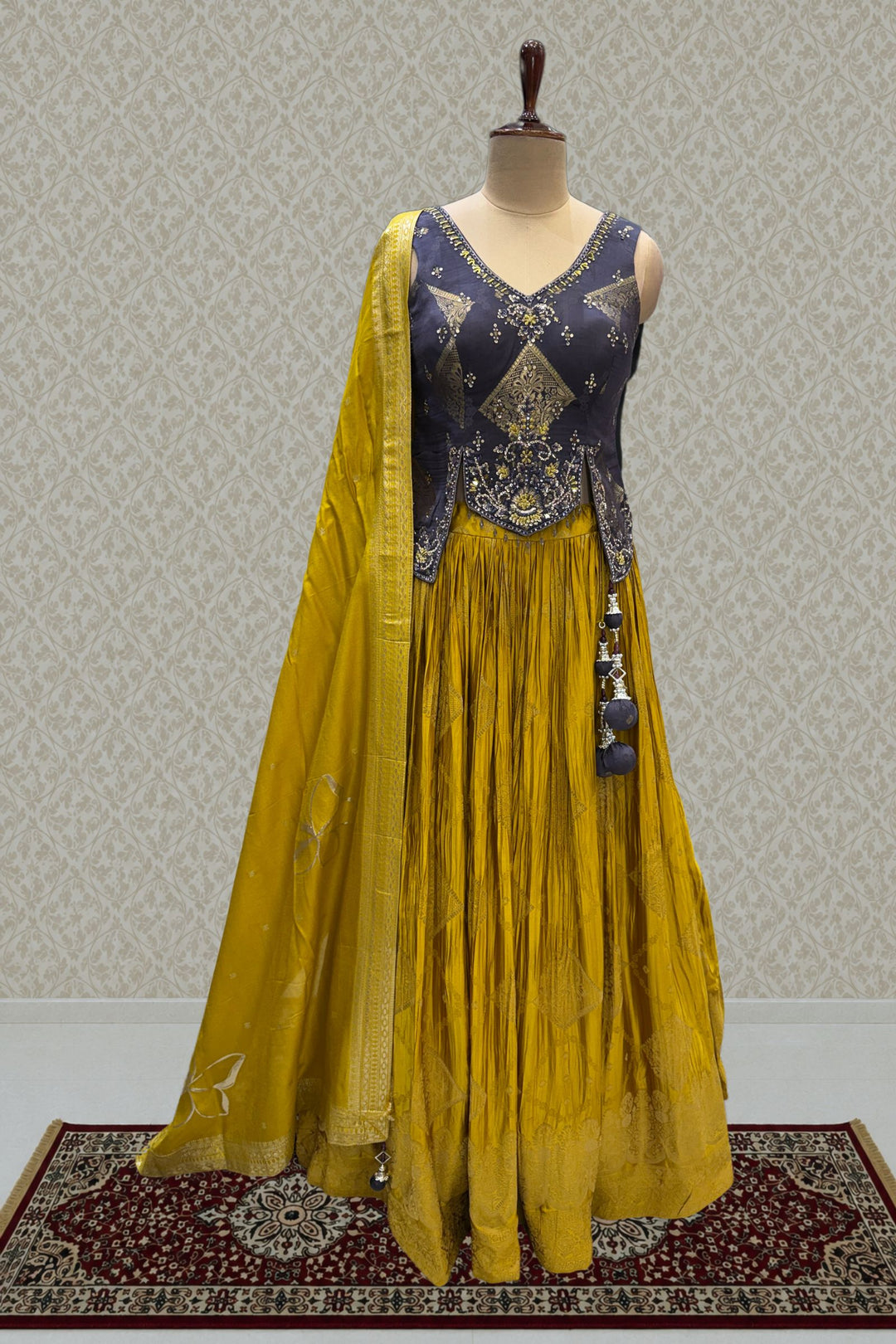 Dark Grey with Mustard Banaras, Mirror, Stone and Zari work Peplum Style Lehenga