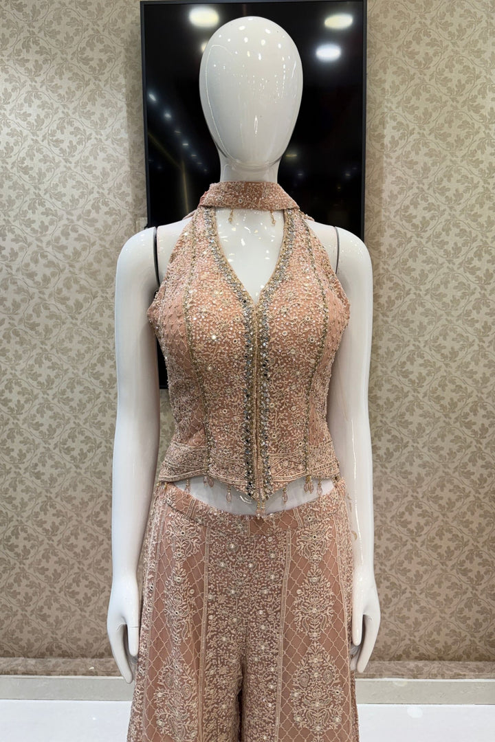 Peach Halter Neck Palazzo Set with Chikankari, Beads, Sequins, Mirror and Stone Detailing