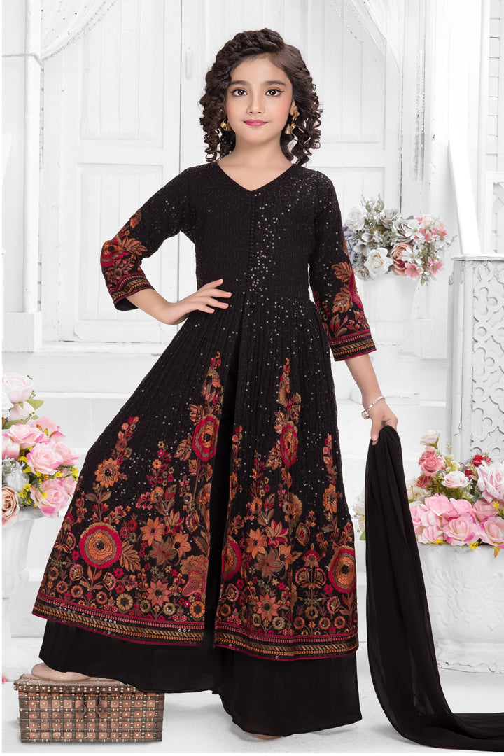 Black Multicolor Embroidery and Sequins work for Girls Palazzo Set