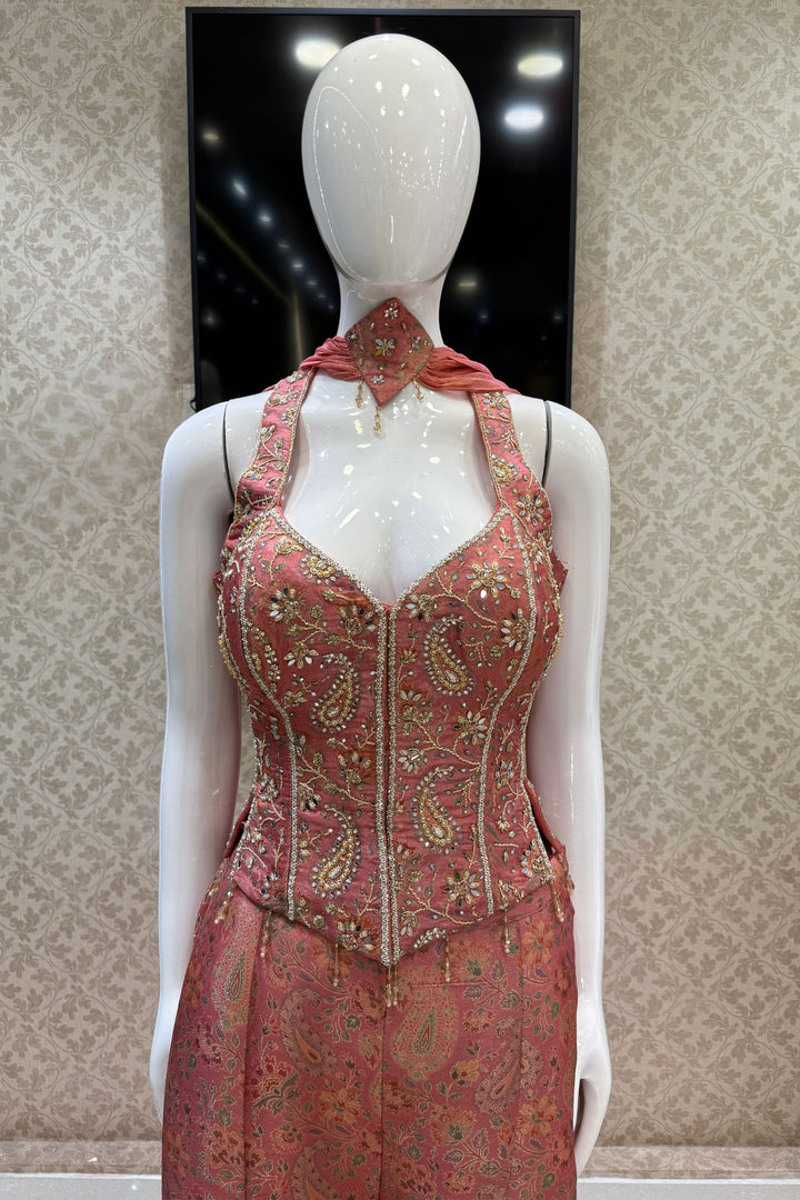 Peach Halter Neck Palazzo Salwar Suit with Multicolor Brocade and Sequins Detailing