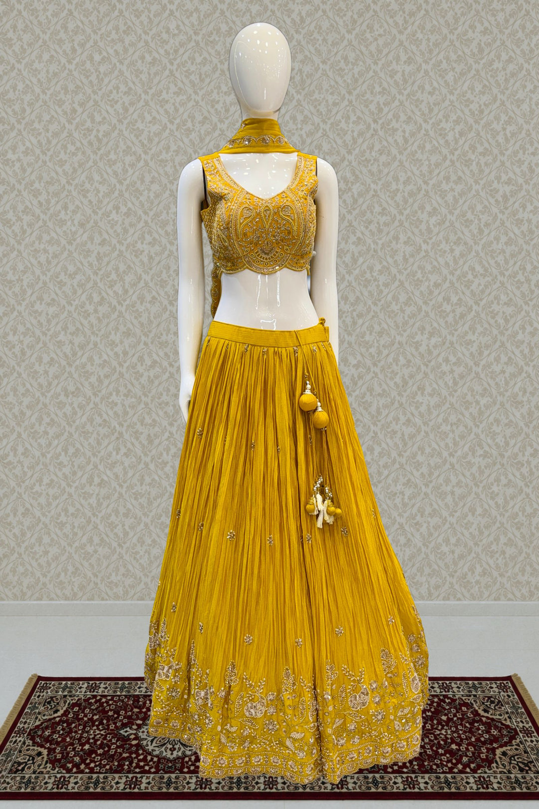 Yellow Beads, Zardozi, Stone, Zari and Sequins work Lehenga