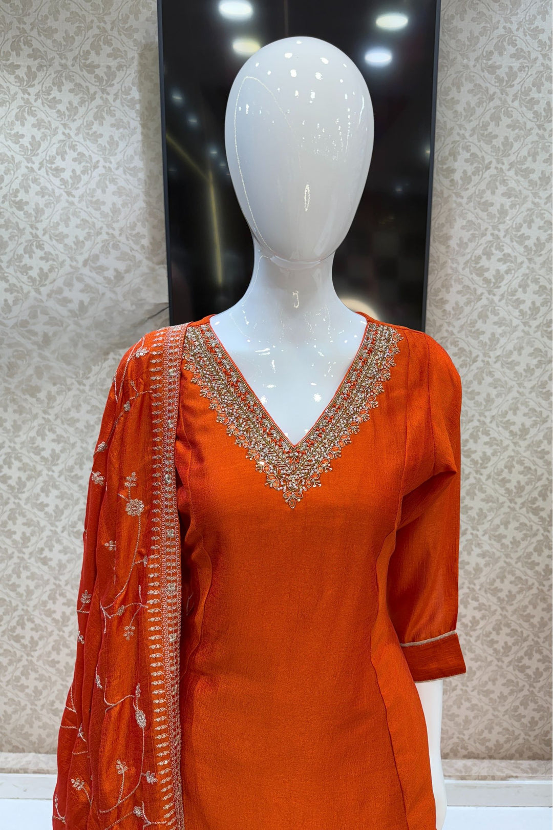 Orange Beads, Pearl, Zardozi, Stone, Zari and Sequins work Aline Cut Salwar Suit