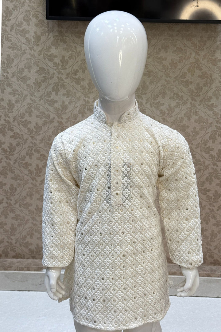 Cream Sequins and Embroidery work Kurta Set for Boys