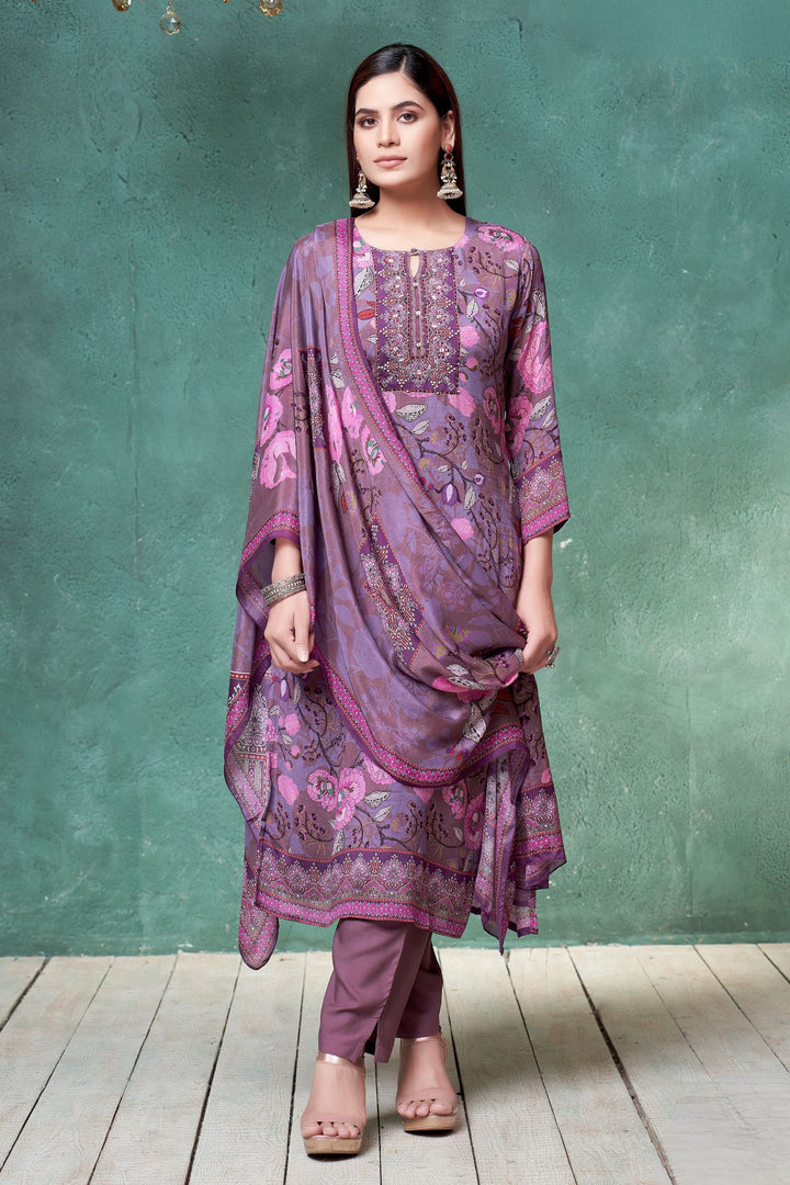Purple Beads work with Floral Print Straight Cut Salwar Suit