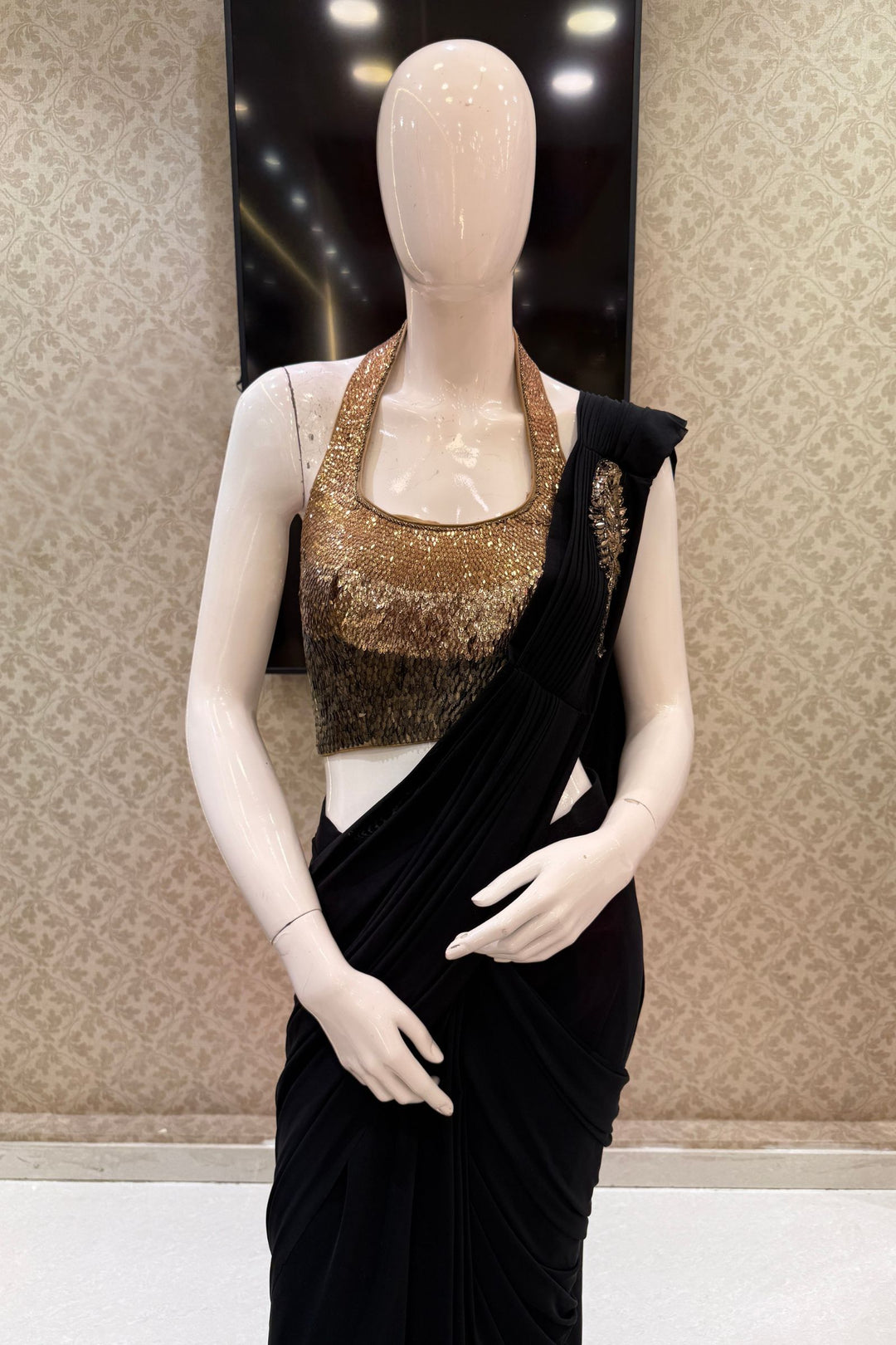 Black Readymade Saree with Sequins work Readymade Blouse