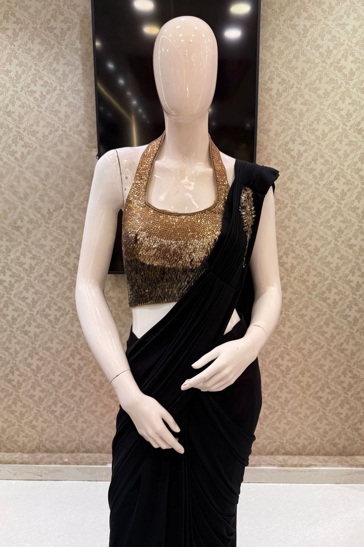 Black Readymade Saree with Sequins work Readymade Blouse