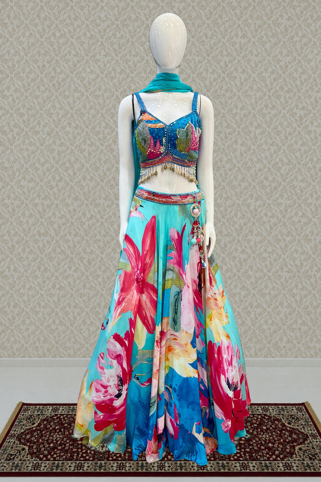 Blue Sequins and Beads work with Floral Print Lehenga