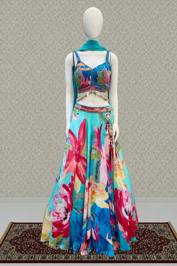 Blue Sequins and Beads work with Floral Print Lehenga