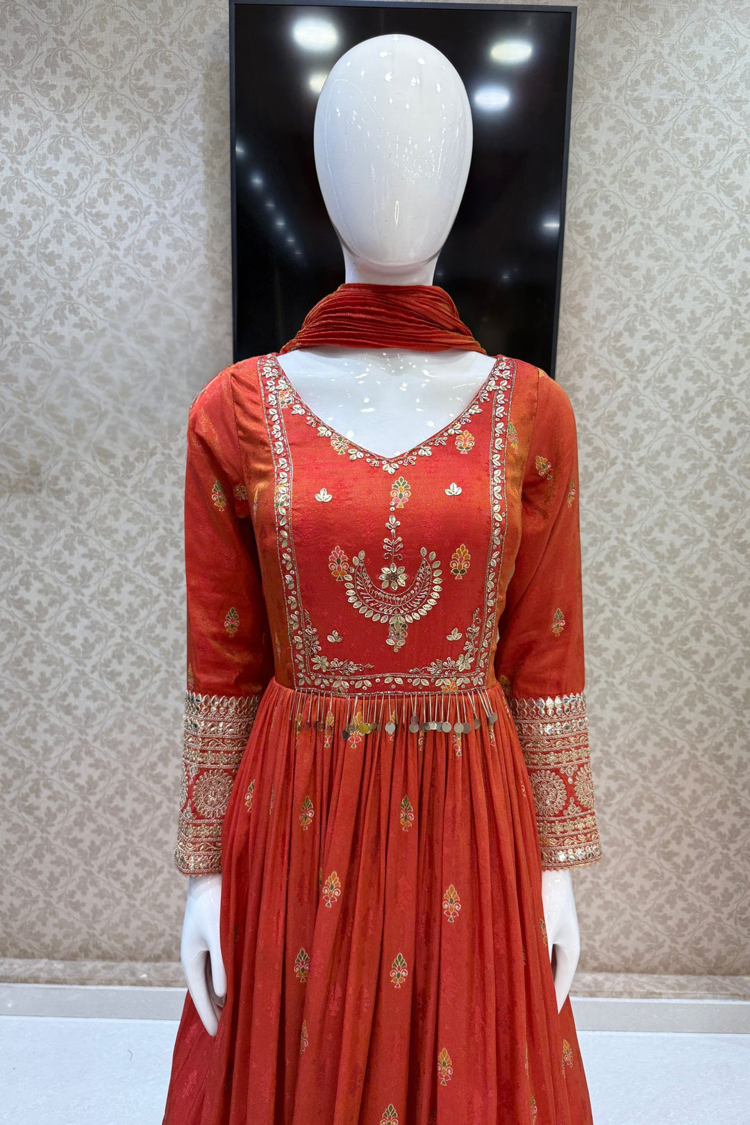Orange Banaras, Sequins, Zari and Beads work Floor Length Anarkali Suit