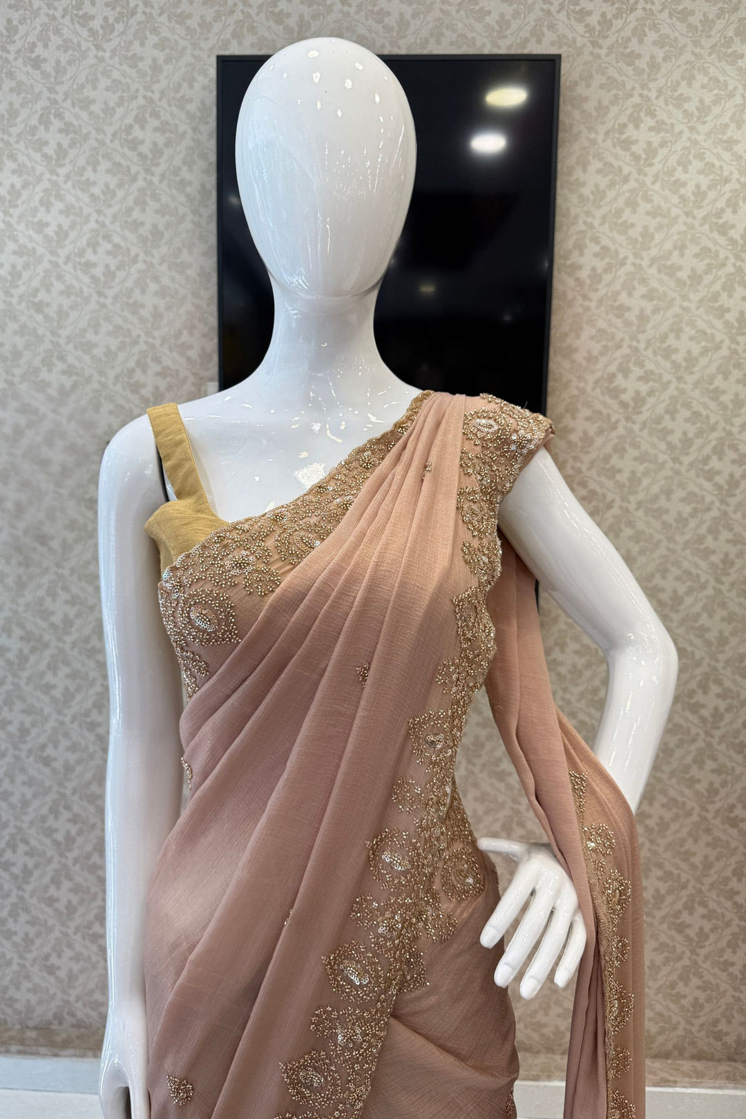 Chiku Beads, Zari and Sequins work Saree