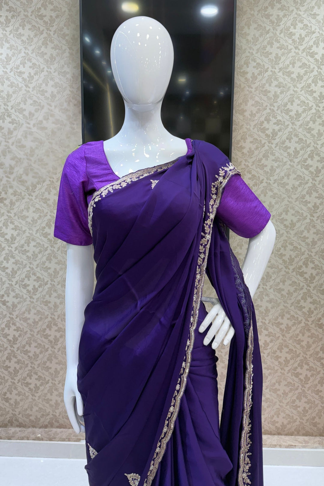 Purple Satin Saree Featuring Exquisite Bead, Zardozi and Sequins