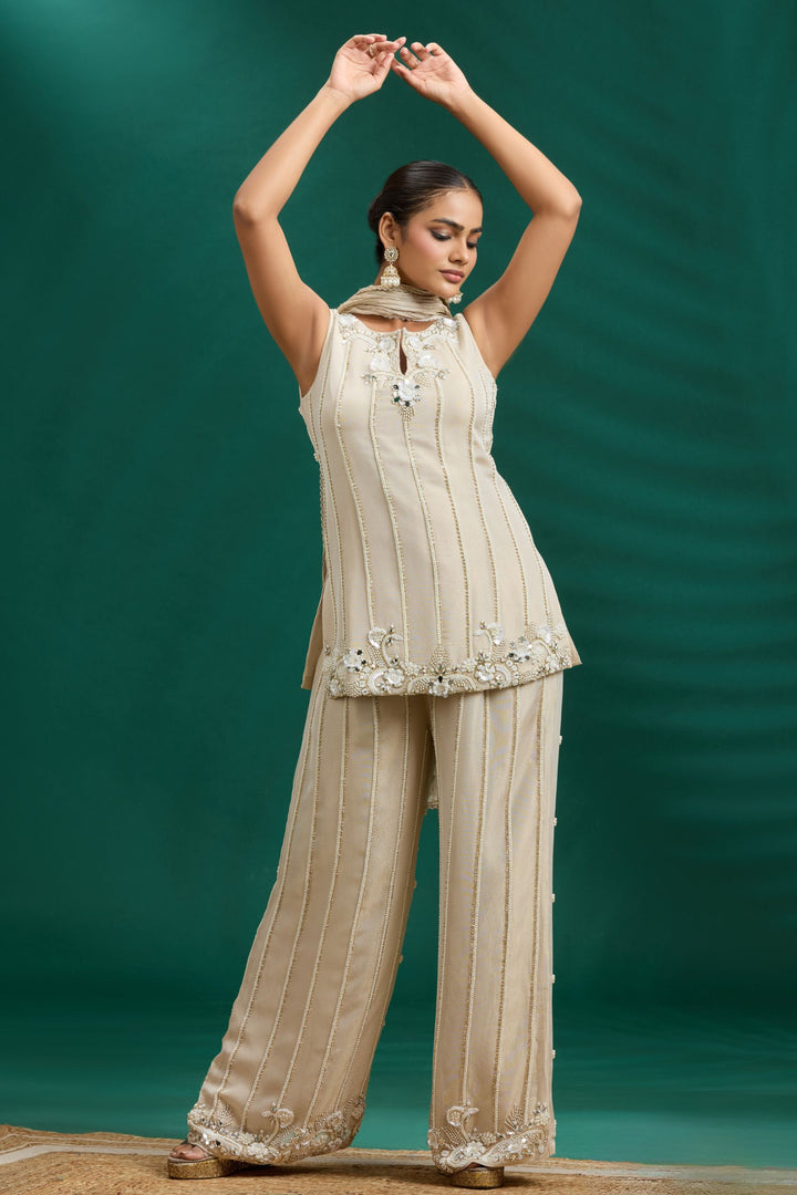 Beige Palazzo Set Featuring All-Over Pearl, Beads, Sequins and Mirror