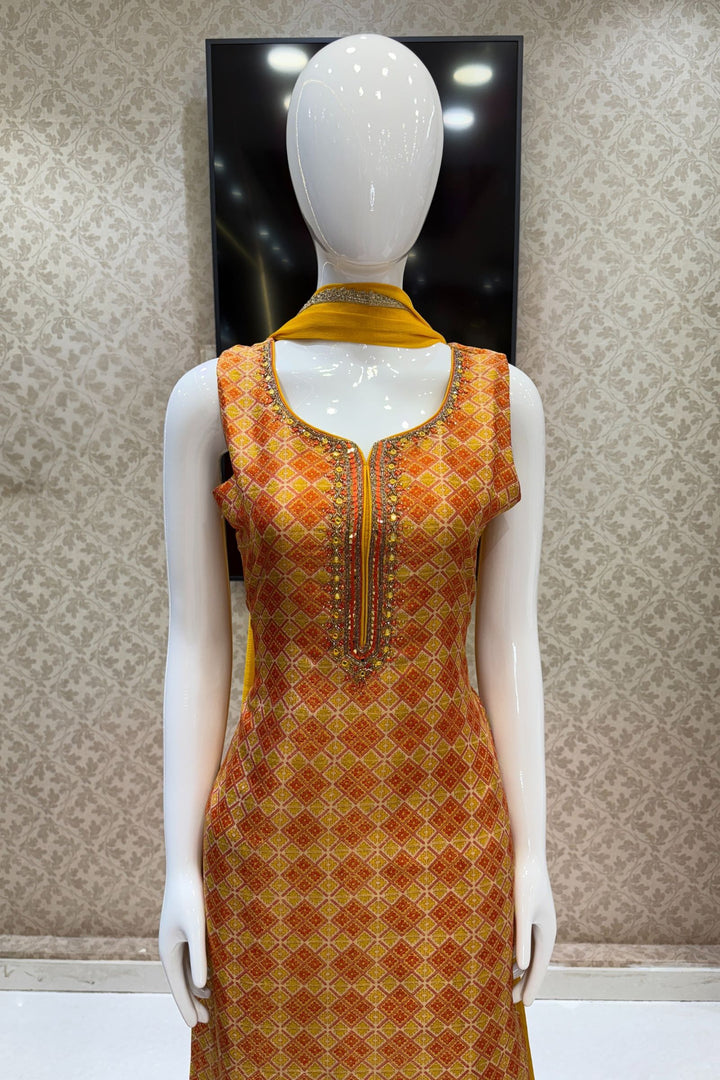 Yellow Beads, Stone, Mirror, Zardozi and Thread work with Digital Print Straight Cut Salwar Suit