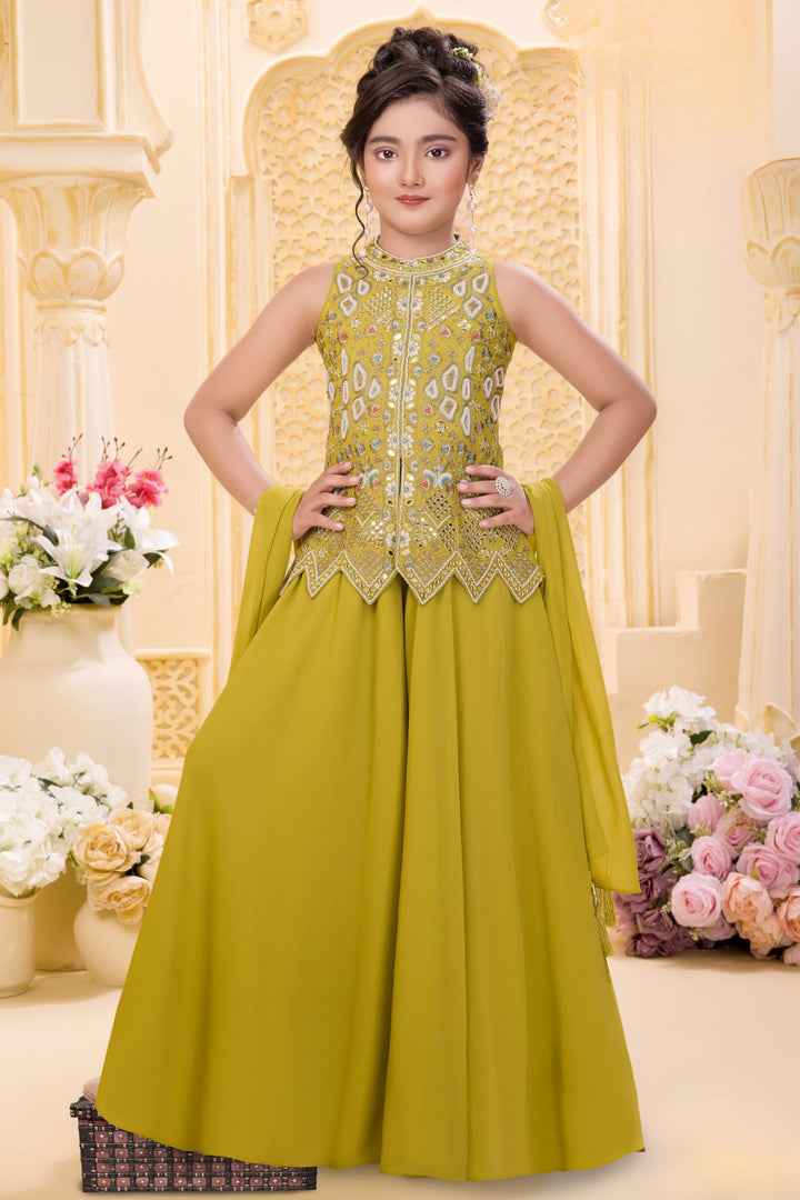 Liril Green Beads, Zari, Mirror and Sequins work Palazzo Suit Set for Girls