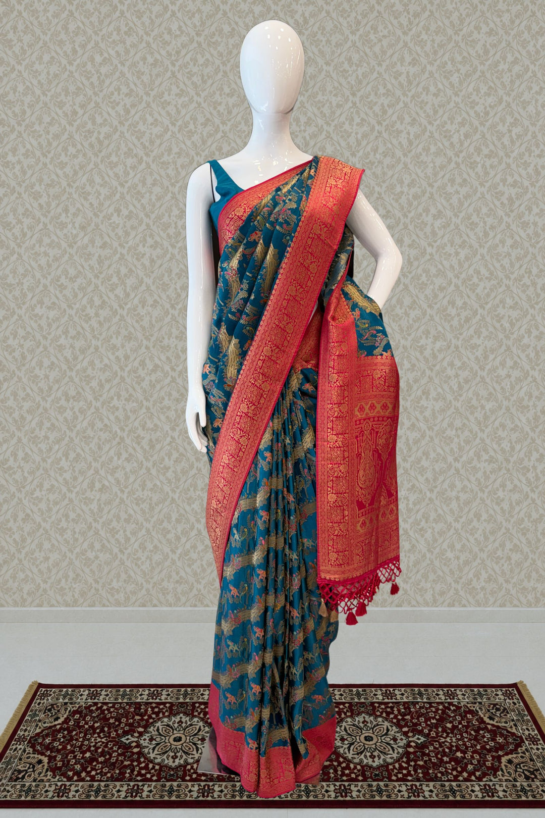 Rama Blue Saree Featuring Heritage Wildlife and Floral Banaras