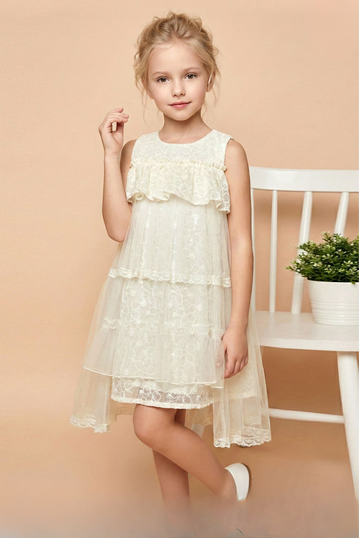 Cream Thread and Sequins work Short Partywear Frock For Girls