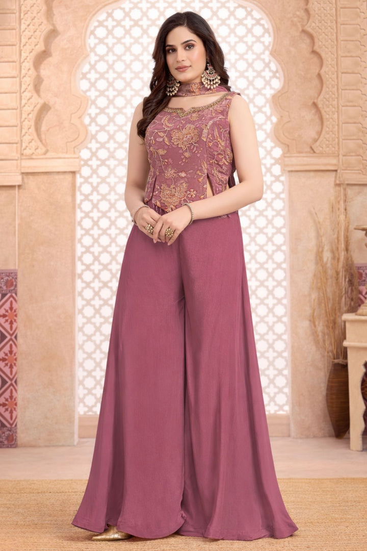 Onion Pink Zari, Sequins, Beads and Mirror work with Floral Print Palazzo Suit Set