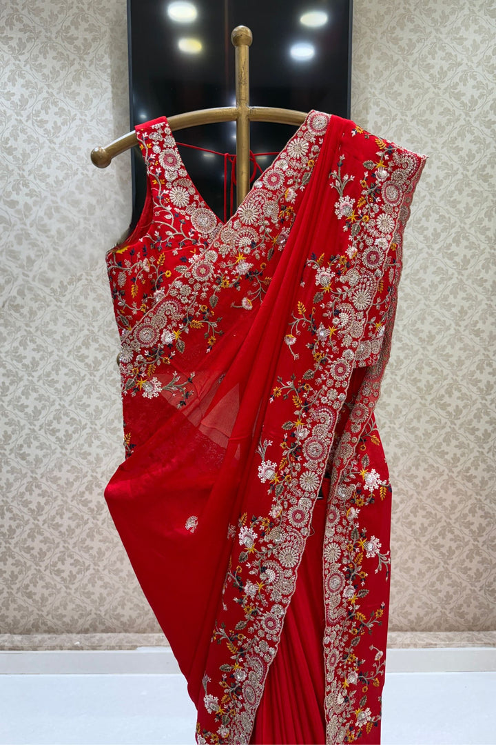 Red Saree with Multicolor Embroidery, Zari and Sequins Embellishments