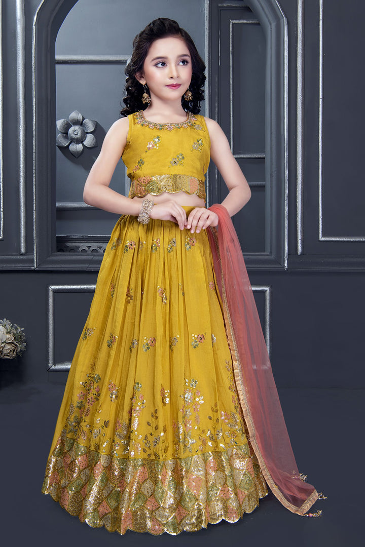 Mustard Sequins, Thread and Beads work Lehenga Choli for Girls