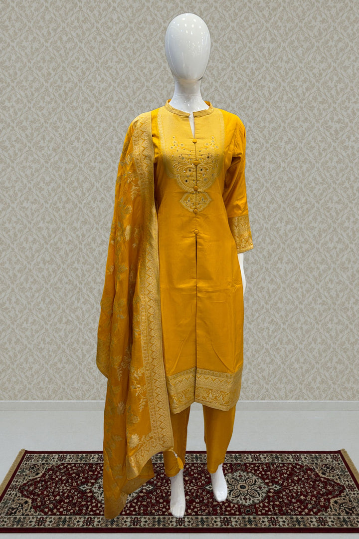 Yellow Straight Cut Salwar Suit with Stone, Mirror and Banaras work
