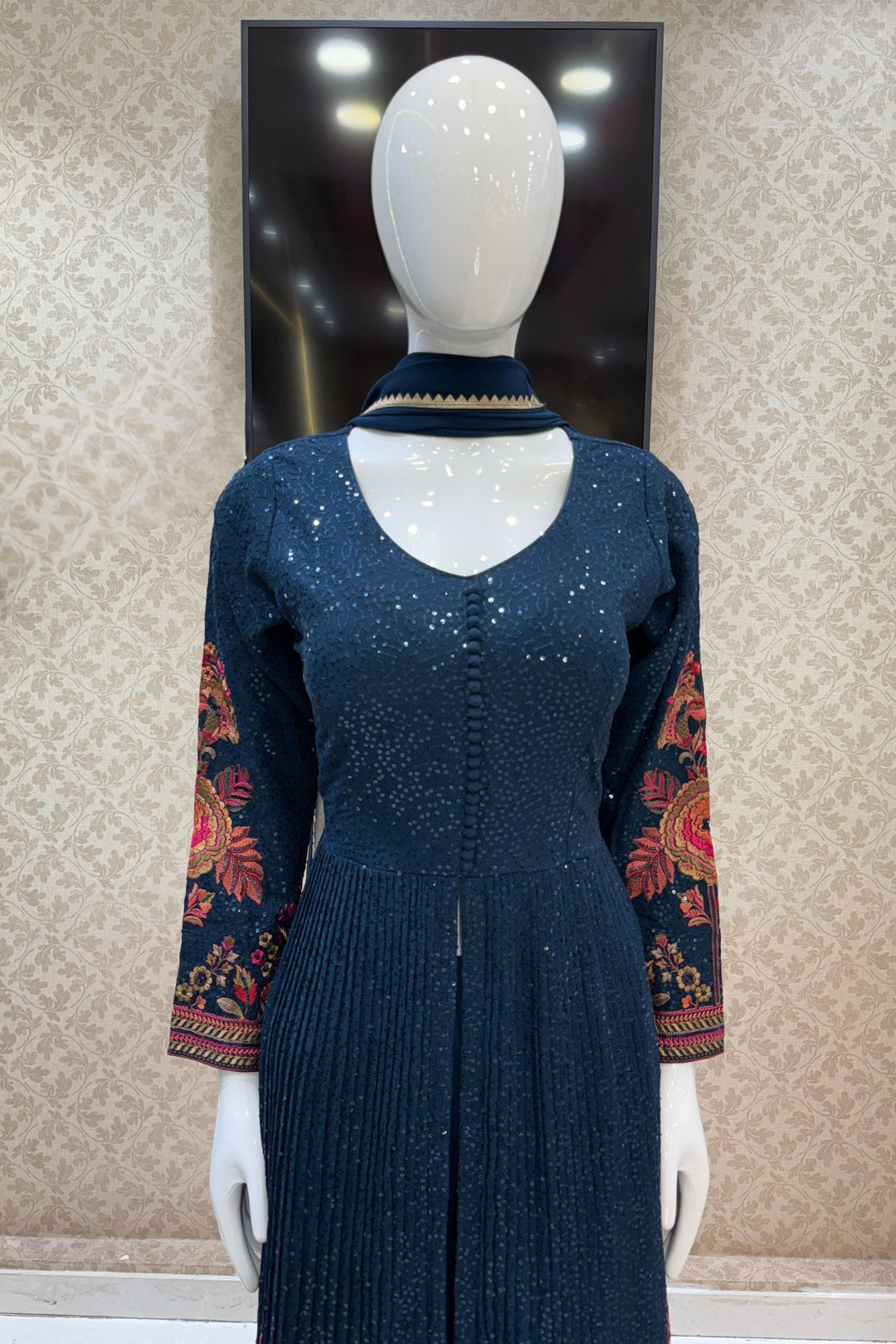 Peacock Blue Sequins and Multicolor Embroidery work Palazzo Salwar Suit