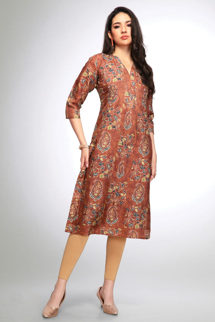 Rust Beads and Zari work with Digital Print Calf Length Kurti