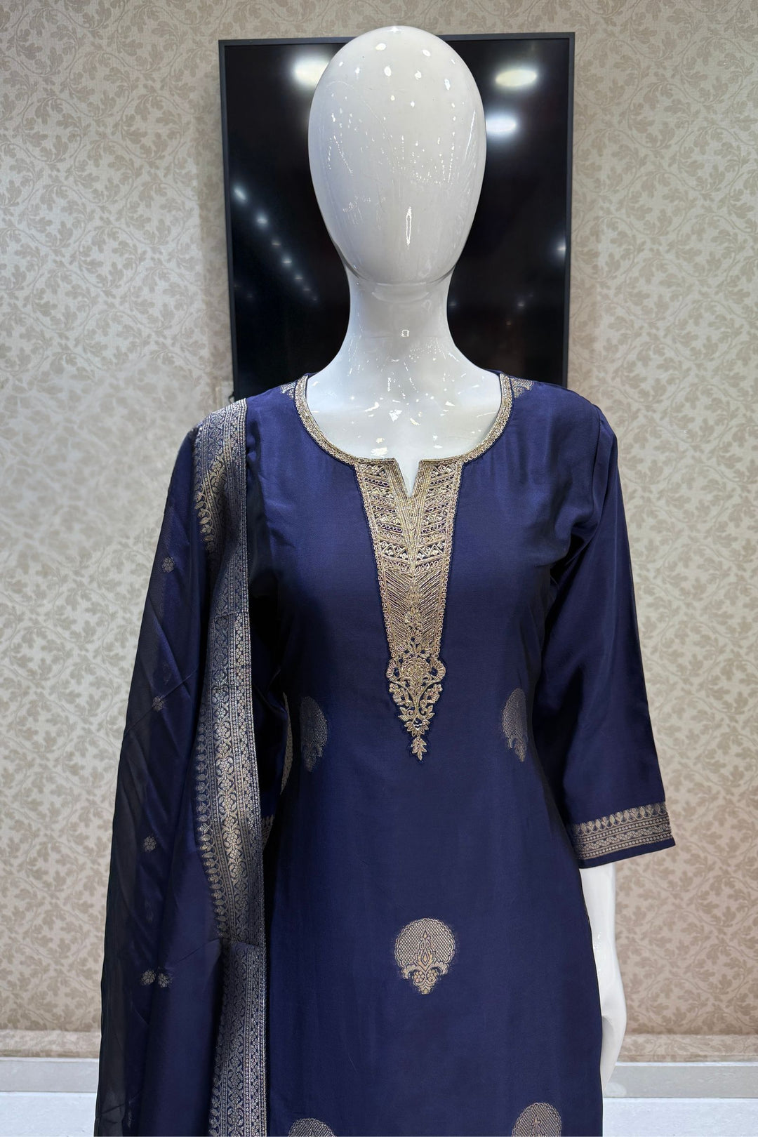 Royal Blue Banaras, Zardozi, Sequins, Beads and Zari work Straight Cut Salwar Suit