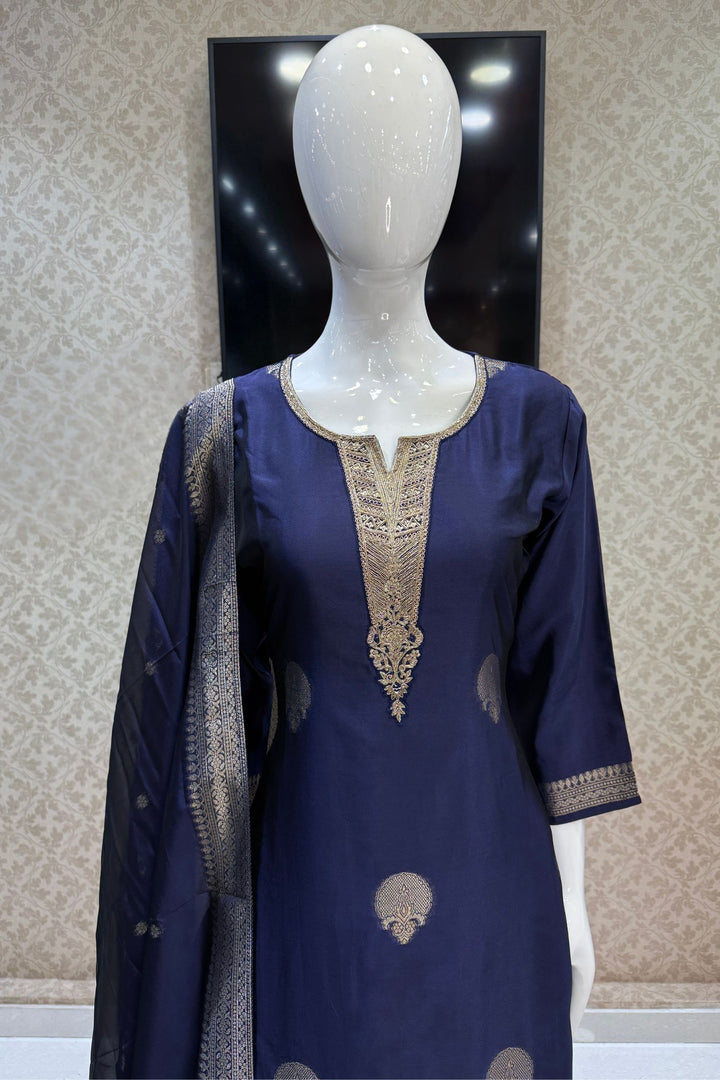 Royal Blue Banaras, Zardozi, Sequins, Beads and Zari work Straight Cut Salwar Suit