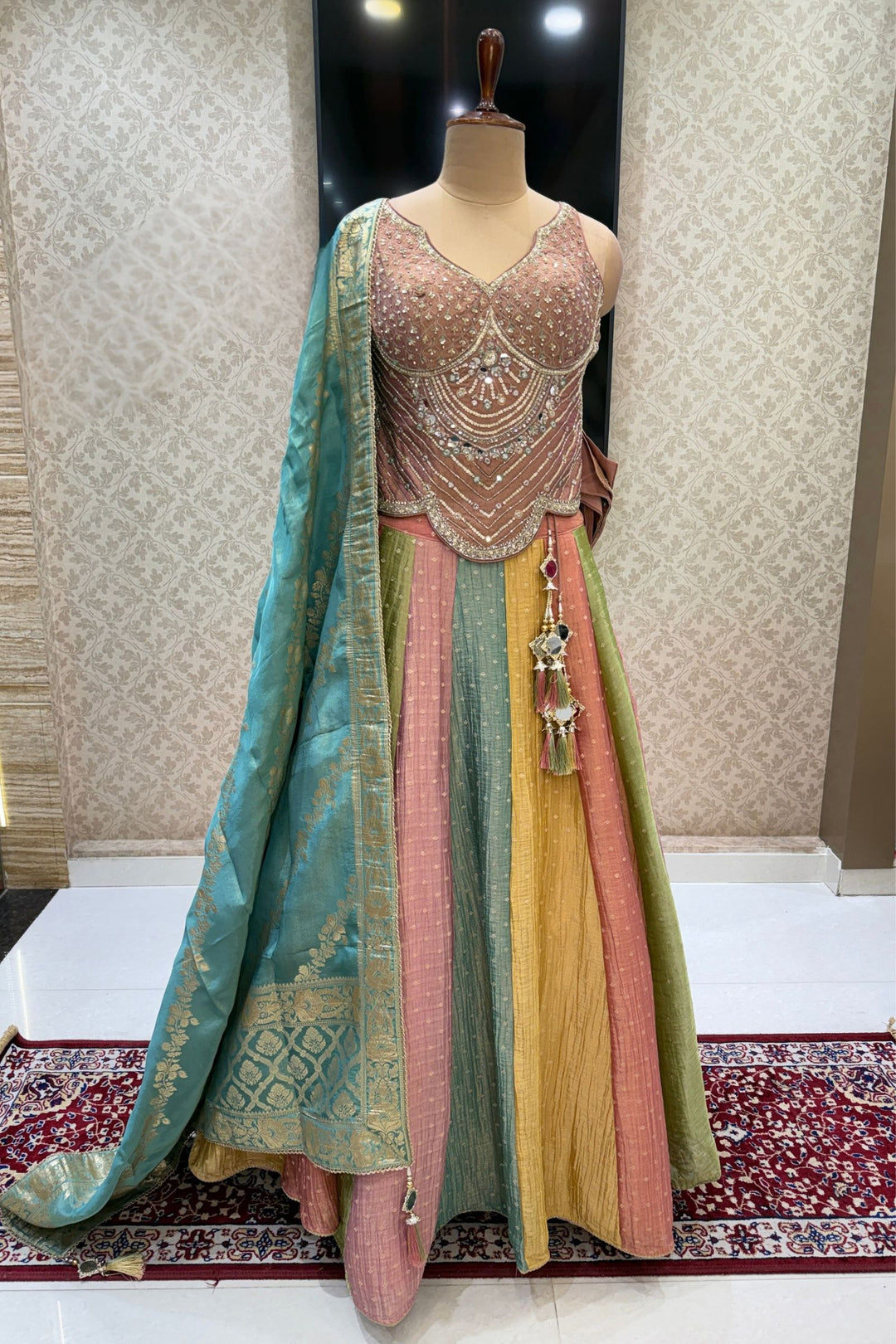 Onion Pink Beads, Stone, Sequins, Mirror and Zari work with Multicolor Lehenga Set