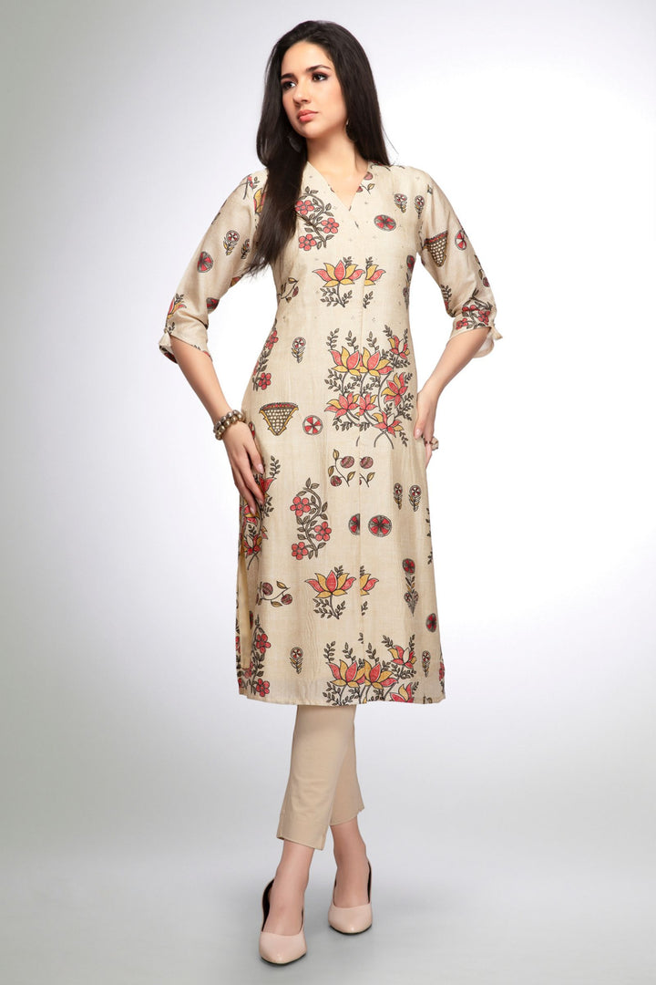 Beige Stone work with Floral Print Calf Length Kurti