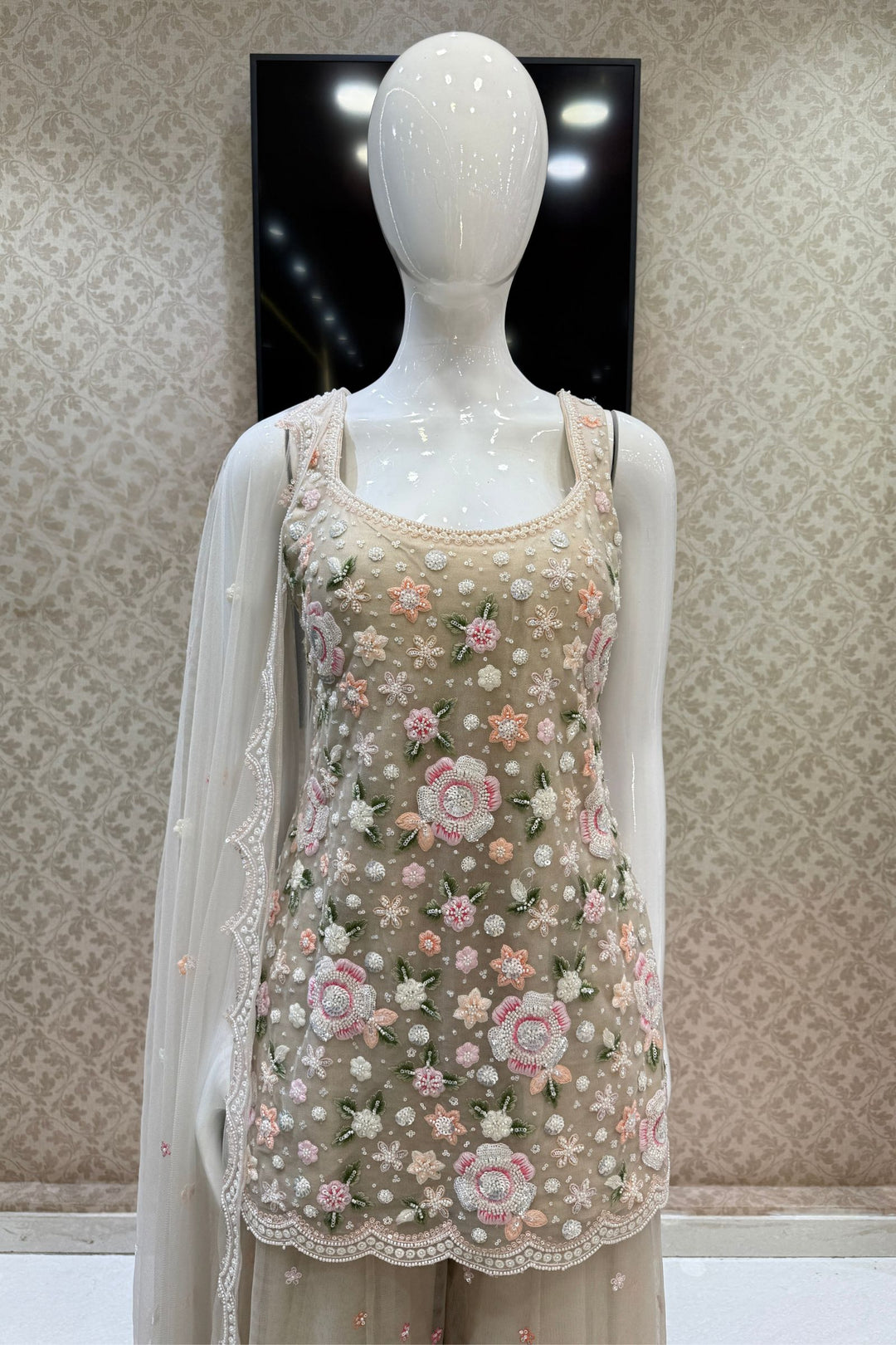 Beige Beads, Sequins and Multicolor Embroidery work Palazzo Salwar Suit