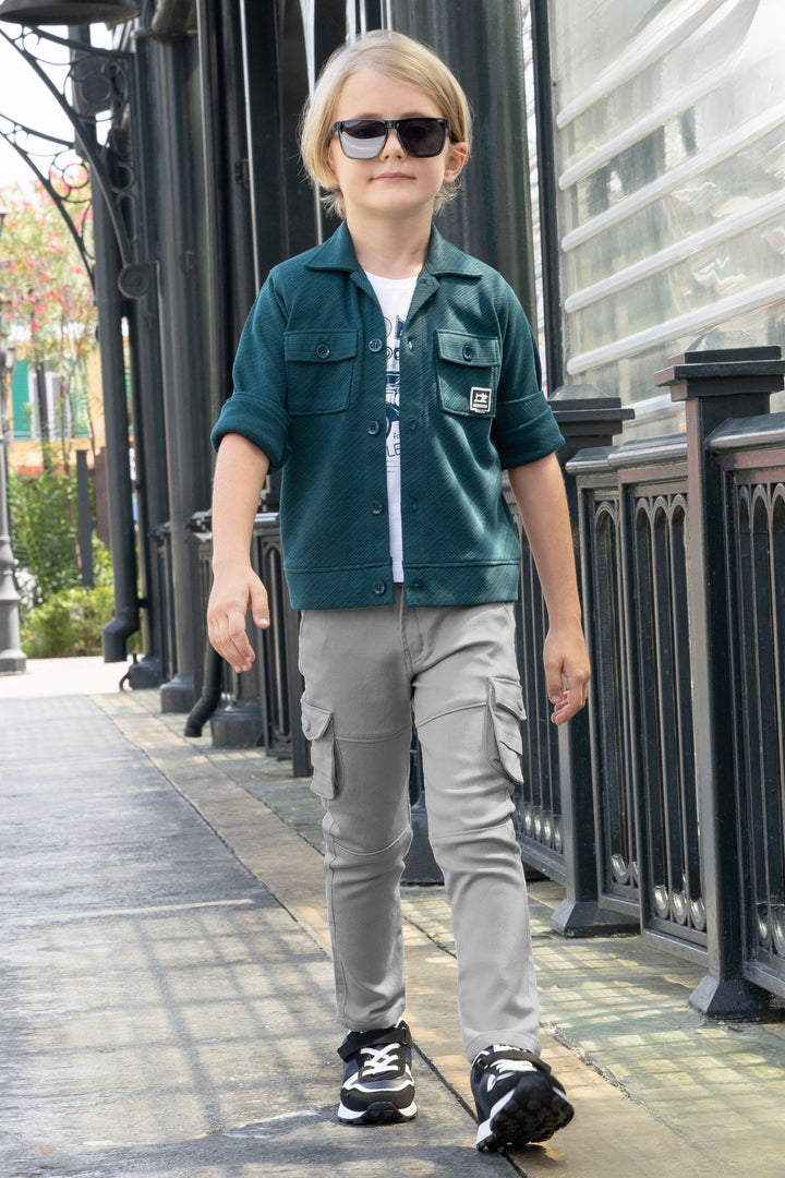 Teal Blue Blazer, White Printed T-Shirt and Grey Pant Set for Boys