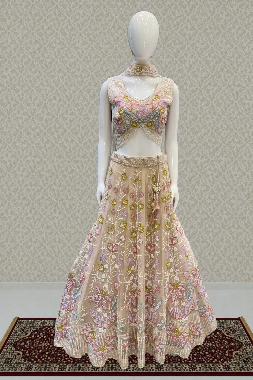 Beige Beads, Stone, Sequins, Pearl and Multicolor Embroidery work Designer Lehenga