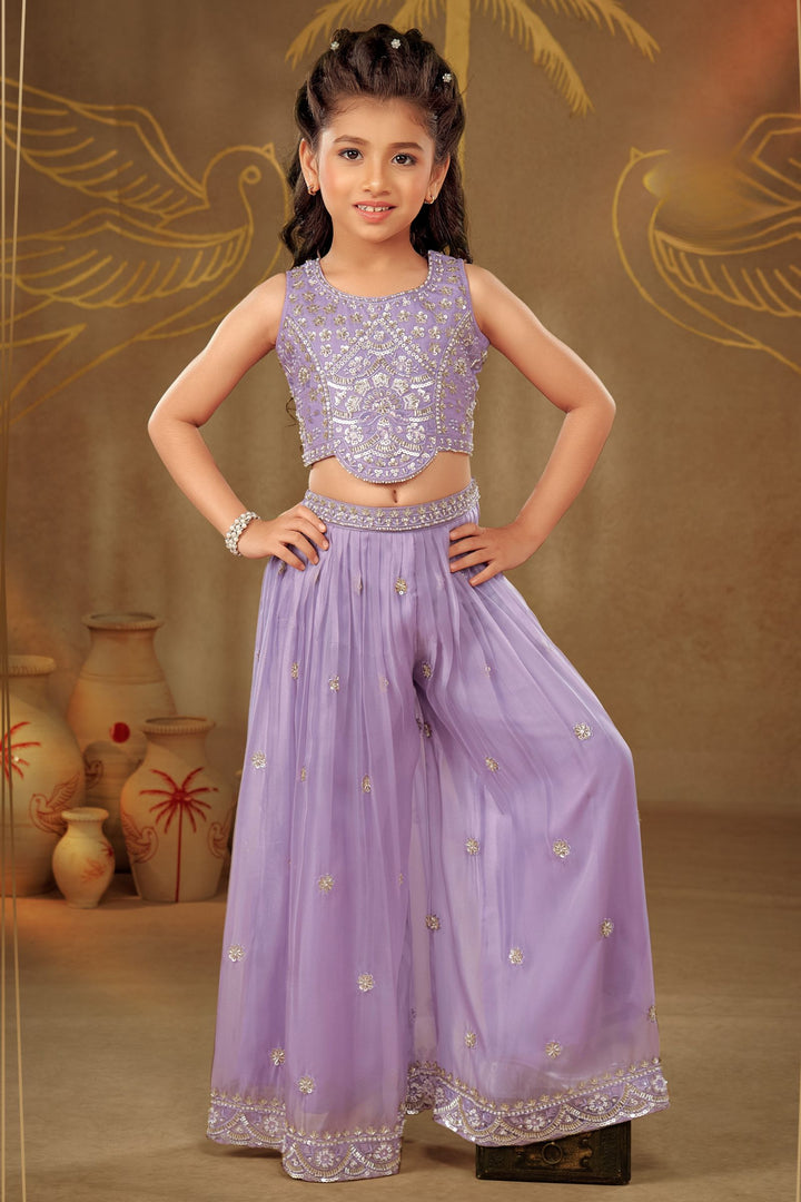 Lavender Sequins, Beads and Thread work Choli and Palazzo Set for Girls