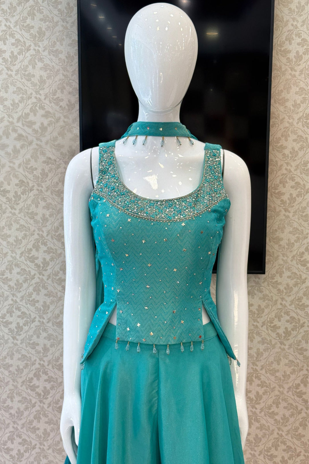 Rama Green Zardozi, Stone and Beads work Palazzo Suit Set