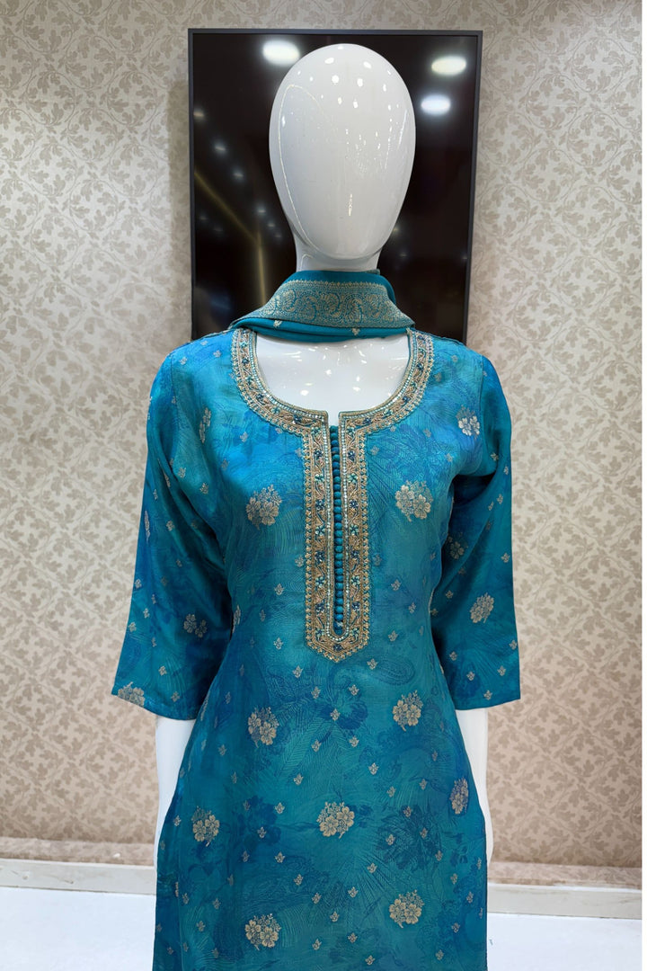 Rama Blue Mirror, Zardozi, Zari and Banaras work with Digital Print Straight Cut Salwar Suit