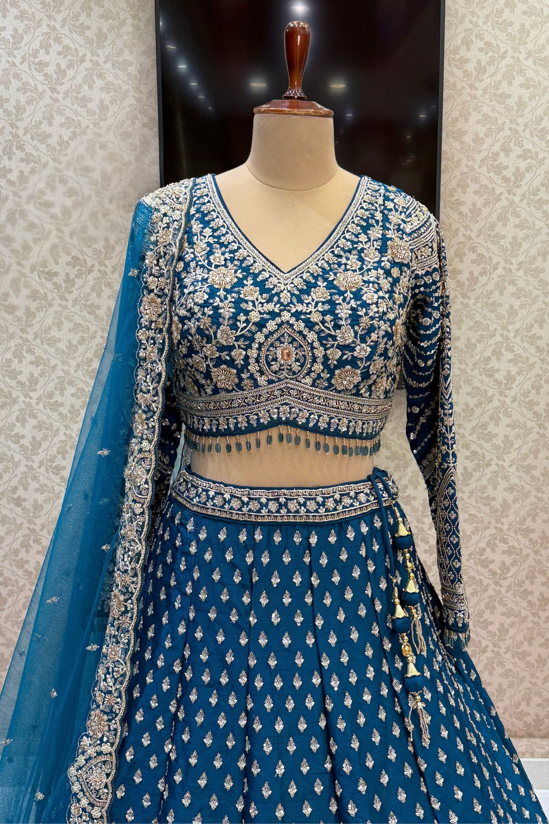 Designer Wedding Lehenga in Peacock Blue with Beads, Zari and Sequins Work