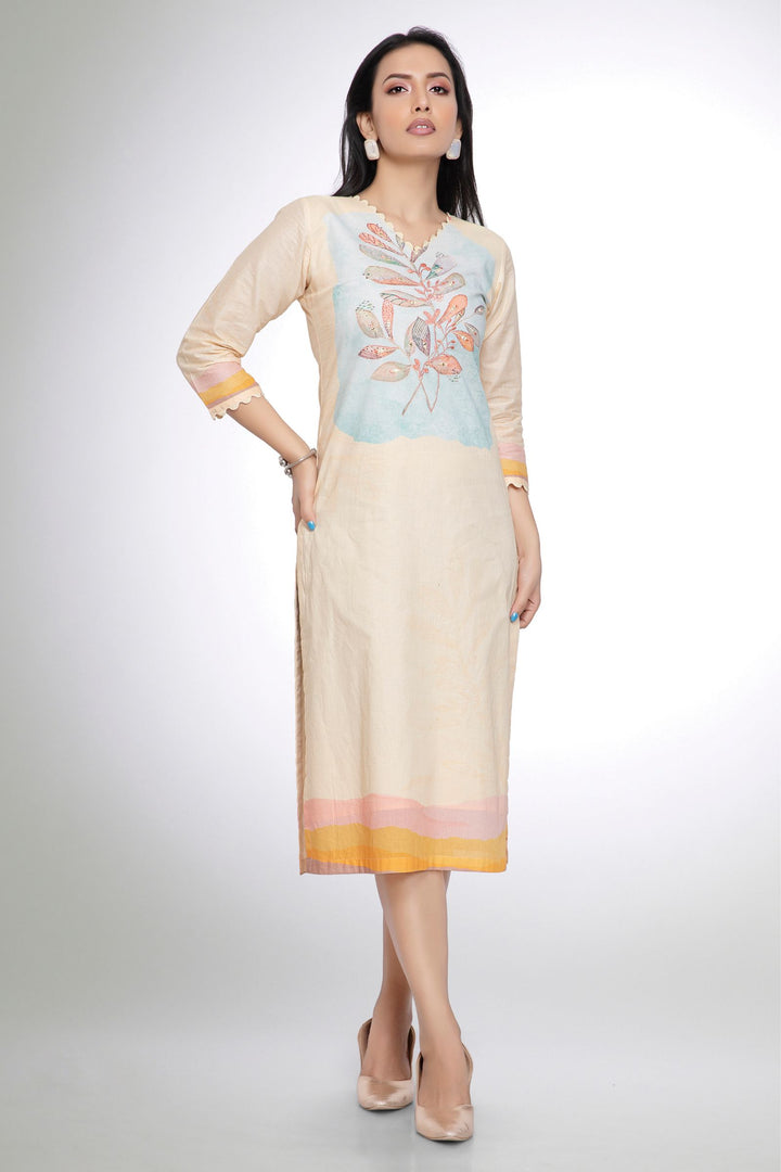 Light Yellow Thread work with Printed Calf Length Kurti