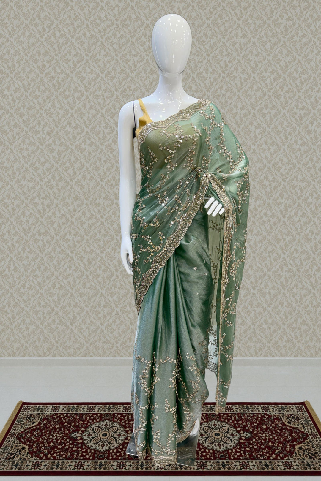 Mint Green Saree with Intricate Zari, Sequin and Beads work