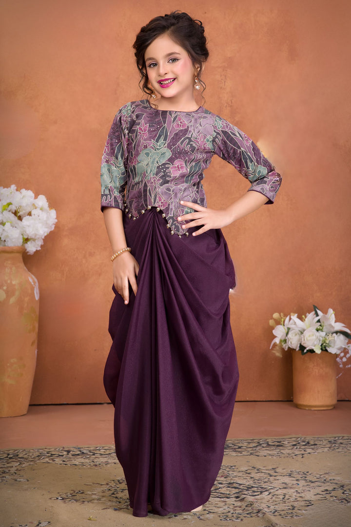 Purple Sequins, Zari and Beads work with Digital Print Top with Cowl Skirt for Girls
