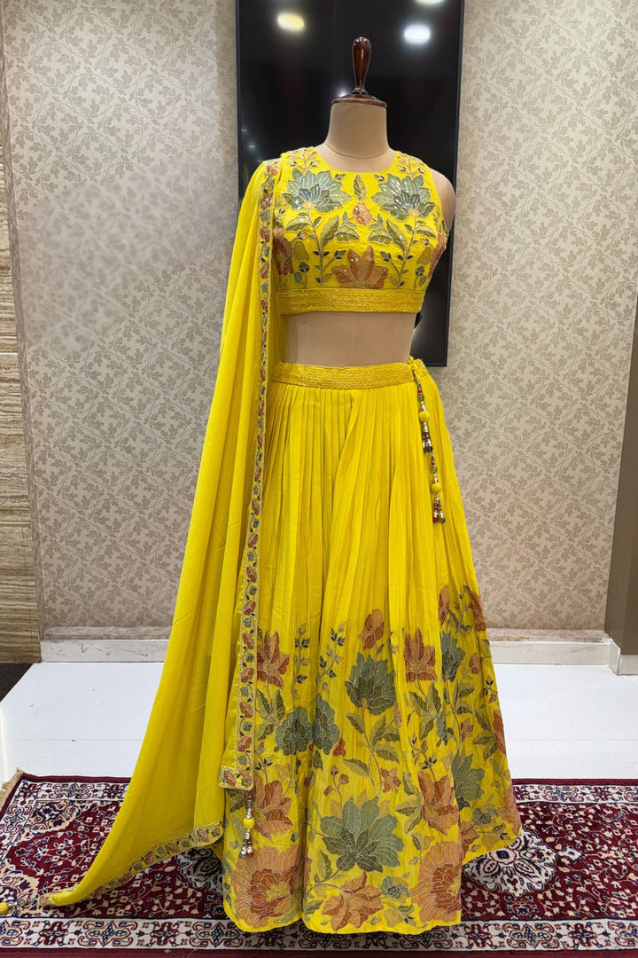 Yellow Multicolor Thread, Beads, Zari Thread and Sequins work Crop Top Lehenga