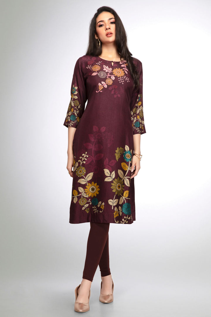 Wine Embroidery, Stone and Zari work with Floral Print Calf Length Kurti