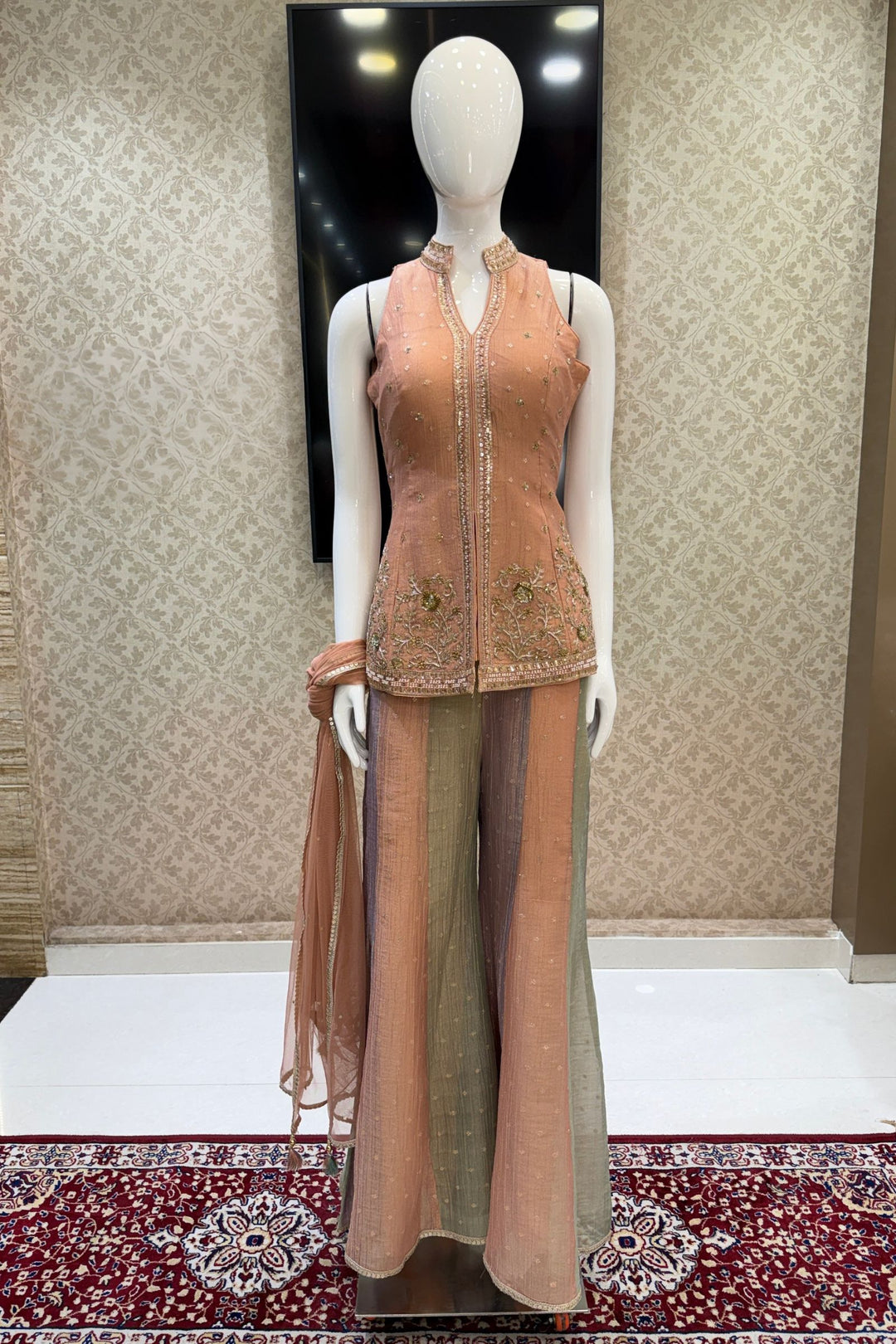 Peach Halter Neck Palazzo Salwar Suit with Zardozi, Beads, Sequins and Zari Detailing