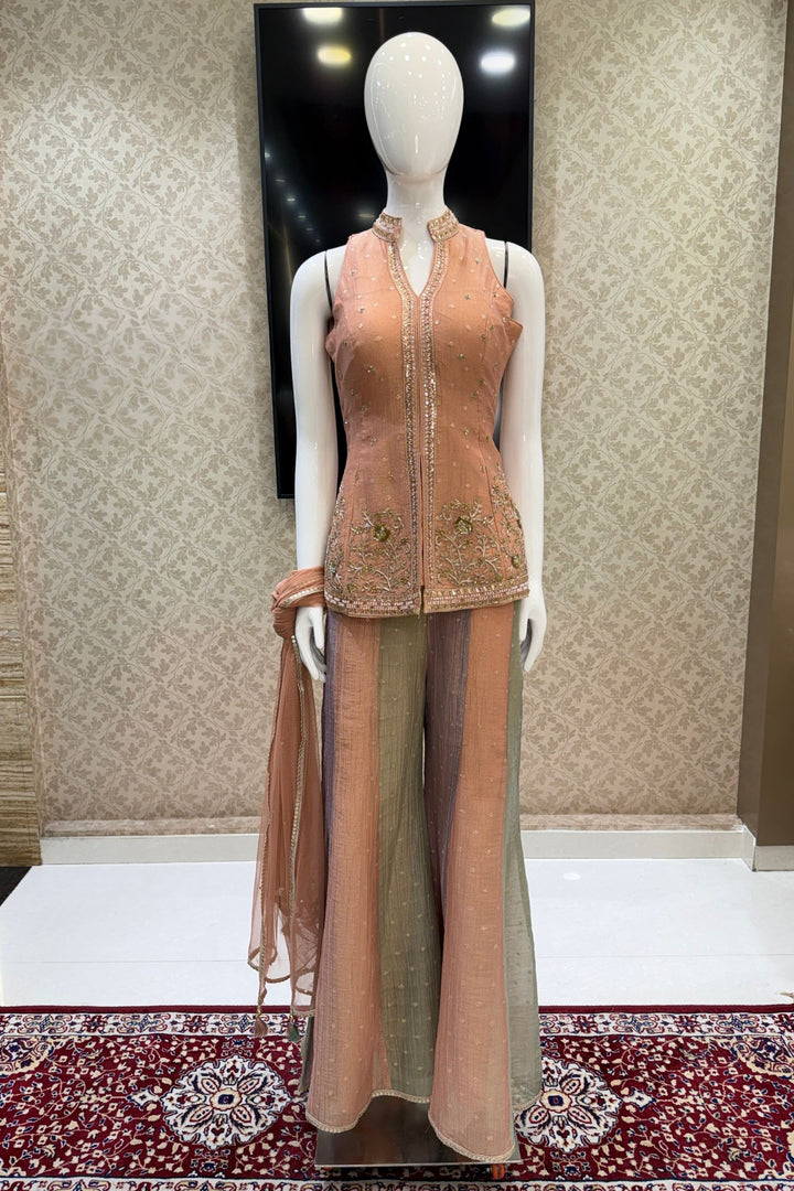 Peach Halter Neck Palazzo Salwar Suit with Zardozi, Beads, Sequins and Zari Detailing